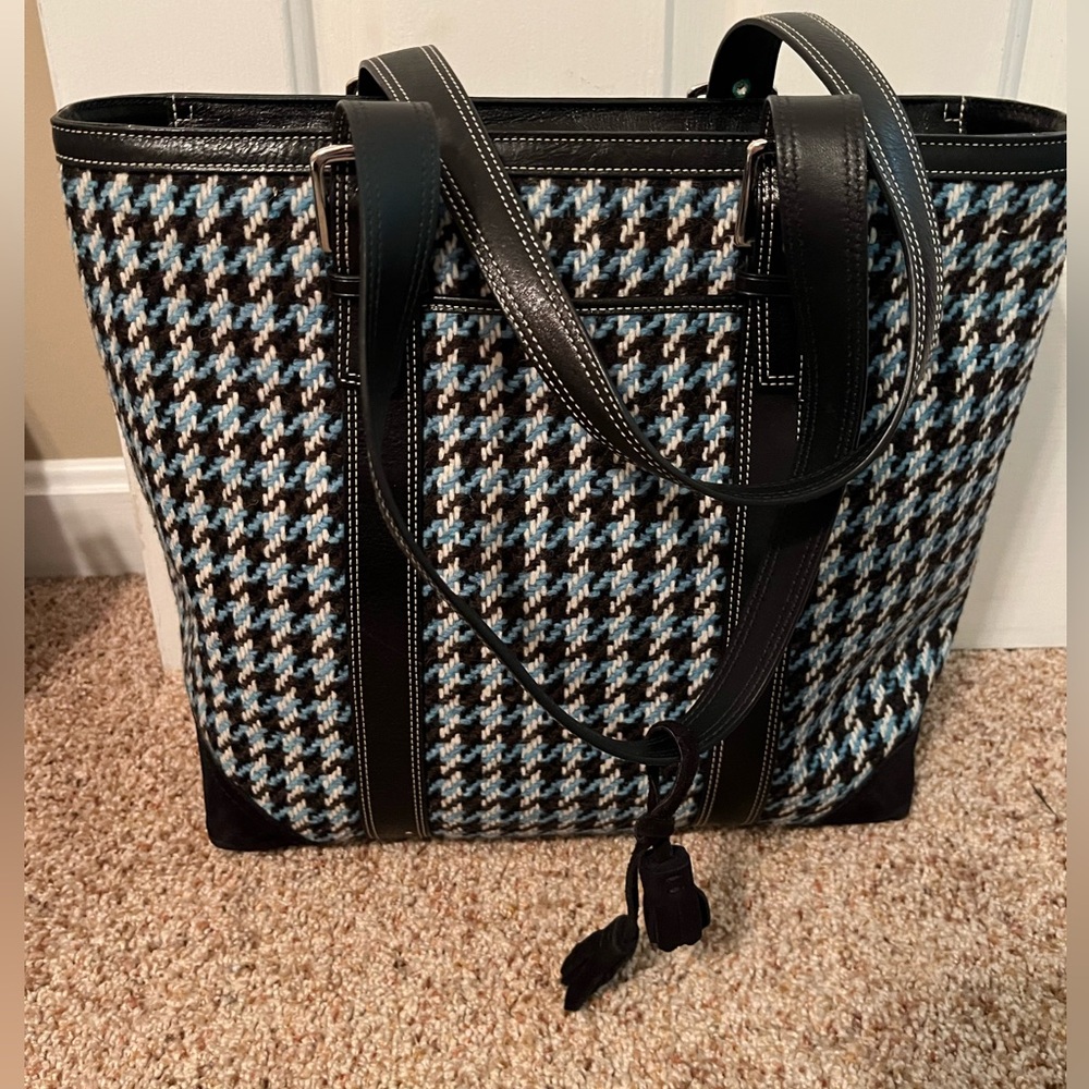 Blue/Black Houndstooth Coach Tote / Black Leather Hampton